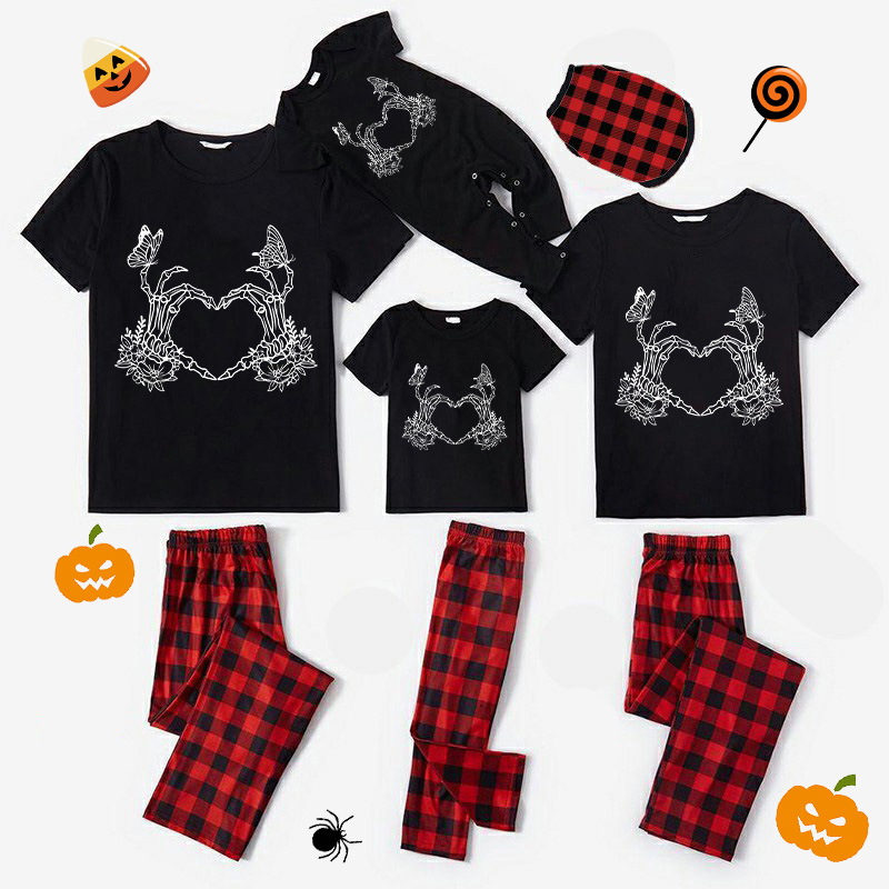 Halloween Matching Family Pajamas Skeleton Heart Flowers Butterfly Black Pajamas Set