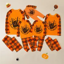 Halloween Matching Family Pajamas Skeleton Hand Love Orange Pumpkin Plaids Pajamas Set