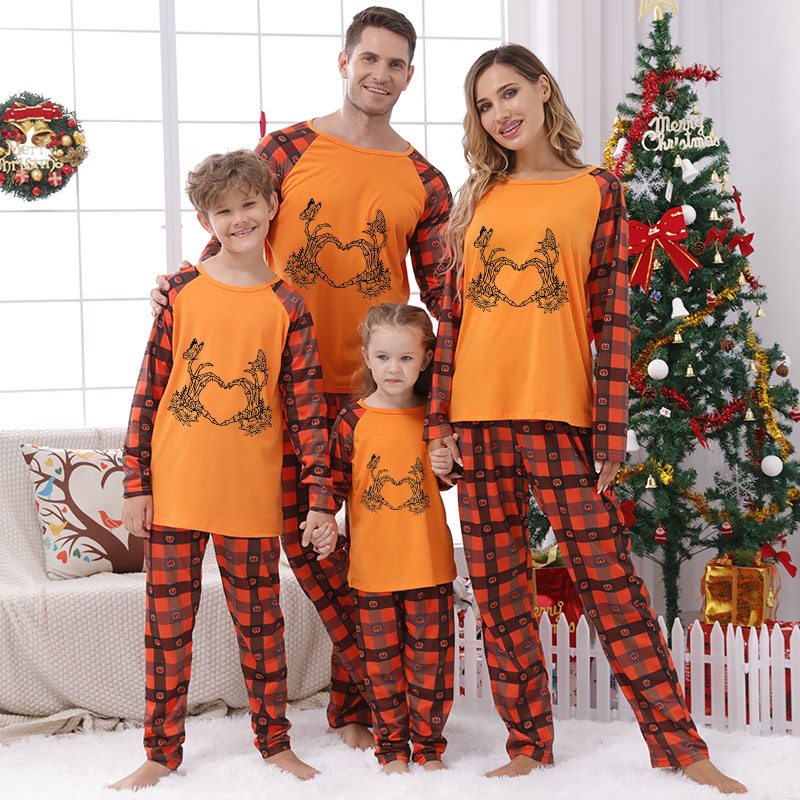 Halloween Matching Family Pajamas Skeleton Heart Flowers Butterfly Orange Plaids Pajamas Set