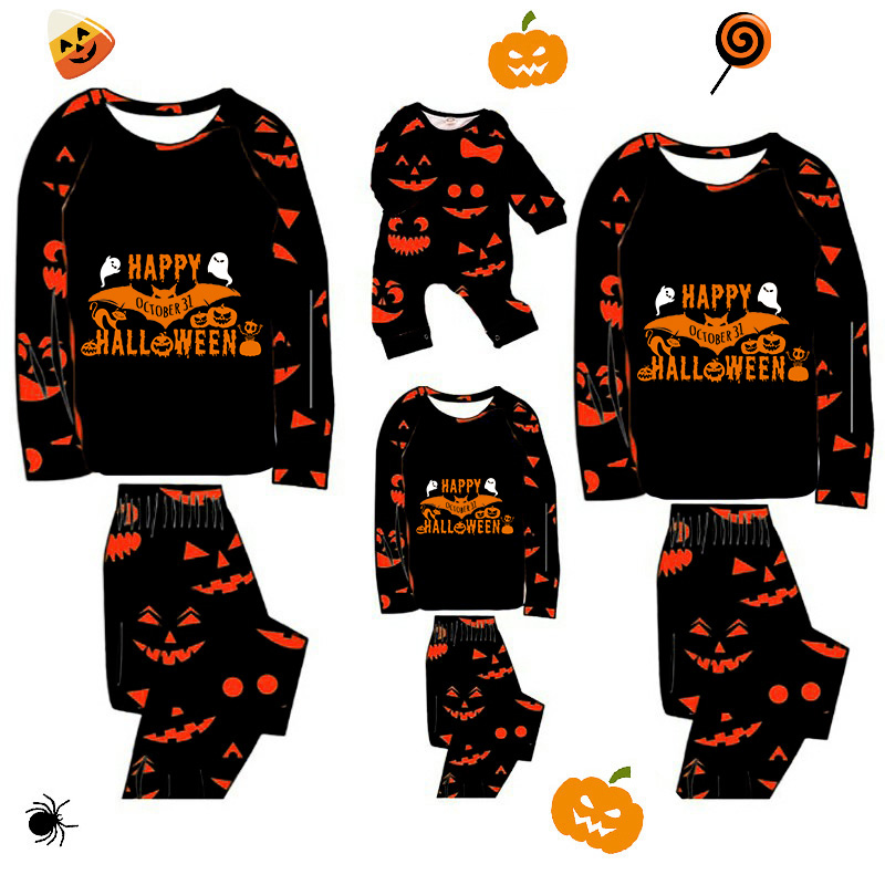Halloween Matching Family Pajamas Exclusive Design Happy Halloween Bat Pumpkin Ghost Faces Print Black Pajamas Set