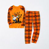 Halloween Matching Family Pajamas Exclusive Design Tomb Pumpkin Orange Plaids Pajamas Set