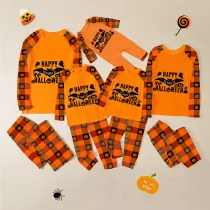 Halloween Matching Family Pajamas Exclusive Design Happy Halloween Bat Orange Plaids Pajamas Set