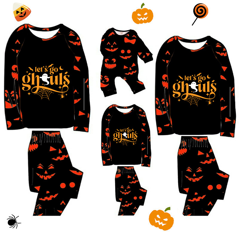 Halloween Matching Family Pajamas Exclusive Design Let's Go Ghouls Pumpkin Ghost Faces Print Black Pajamas Set
