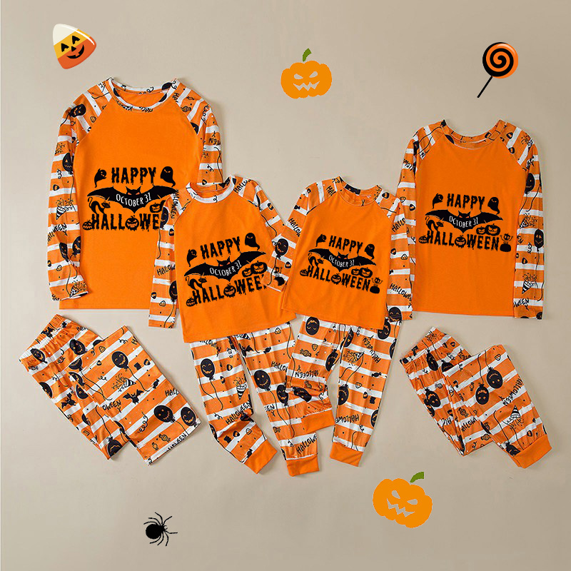 Halloween Matching Family Pajamas Exclusive Design Happy Halloween Bat Orange Stripes Pajamas Set