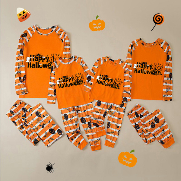 Halloween Matching Family Pajamas Exclusive Design Happy Halloween Word Art Orange Stripes Pajamas Set