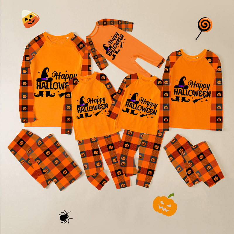Halloween Matching Family Pajamas Exclusive Design Happy Halloween Witch Orange Plaids Pajamas Set