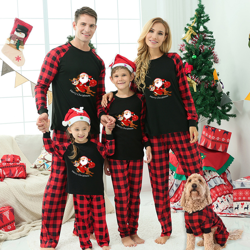 Christmas Matching Family Pajamas Exclusive Design Santa Claus and Deer Gift Box Black Pajamas Set