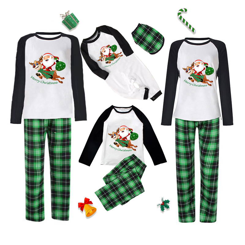 Christmas Matching Family Pajamas Exclusive Design Santa Claus and Deer Gift Box Green Plaids Pajamas Set