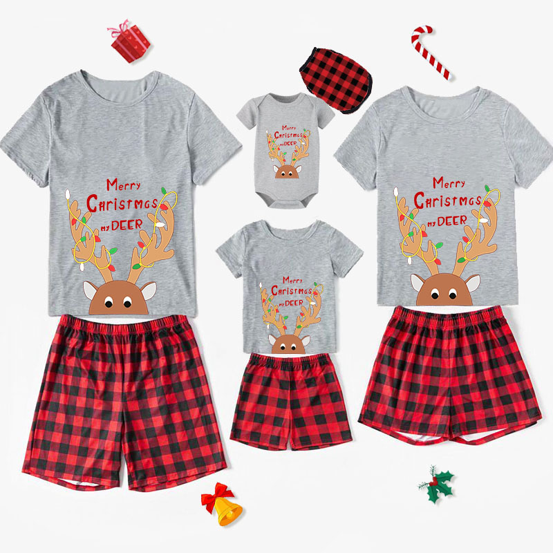 Christmas Matching Family Pajamas Exclusive Design Mery Christmas Anlter with Lights Short Pajamas Set