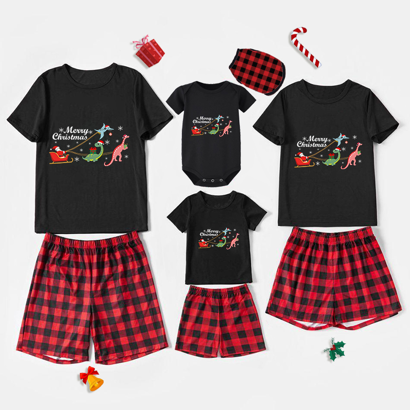 Christmas Matching Family Pajamas Flying Dinosaur and Santa Claus Black Pajamas Set