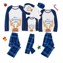 Christmas Matching Family Pajamas Exclusive Design Mery Christmas Anlter with Lights Blue Plaids Pajamas Set