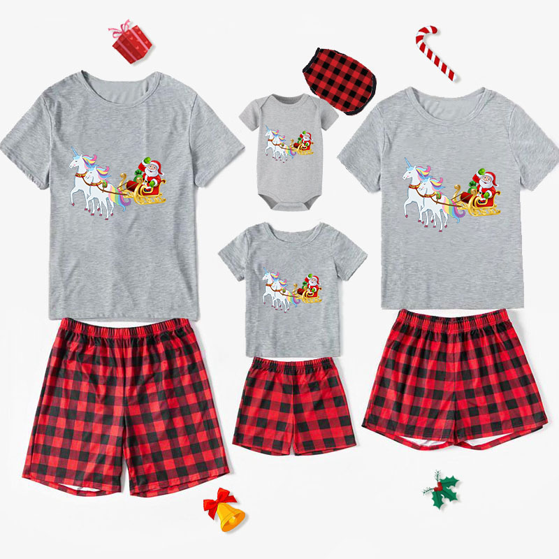 Christmas Matching Family Pajamas Exclusive Design Santa Claus and Unicorn Short Pajamas Set