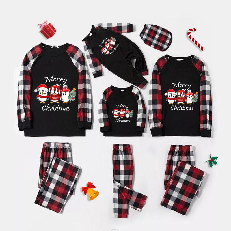 Christmas Matching Family Pajamas Exclusive Design Three Penguins Merry Christmas Black Red Plaids Pajamas Set