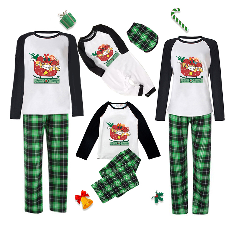 Christmas Matching Family Pajamas Exclusive Design Gnomies In the Shopping Car Green Plaids Pajamas Set