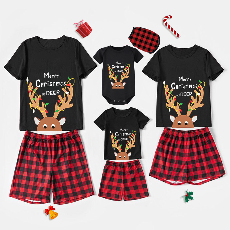 Christmas Matching Family Pajamas Exclusive Design Mery Christmas Anlter with Lights Black Pajamas Set