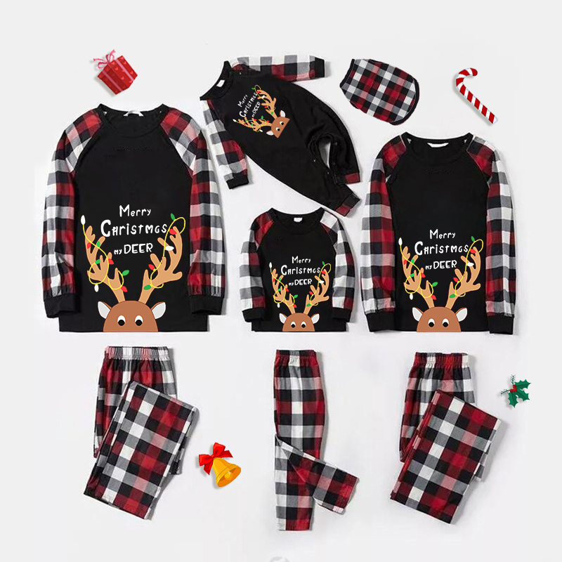 Christmas Matching Family Pajamas Exclusive Design Mery Christmas Anlter with Lights Black Red Plaids Pajamas Set