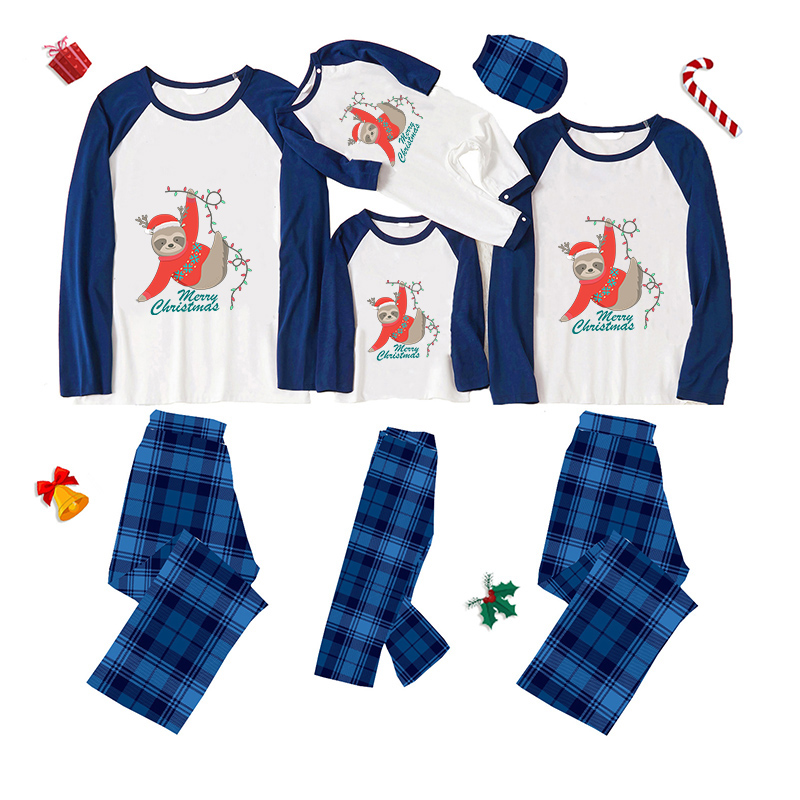 Christmas Matching Family Pajamas Exclusive Design Sloth Lights Merry Christmas Blue Plaids Pajamas Set
