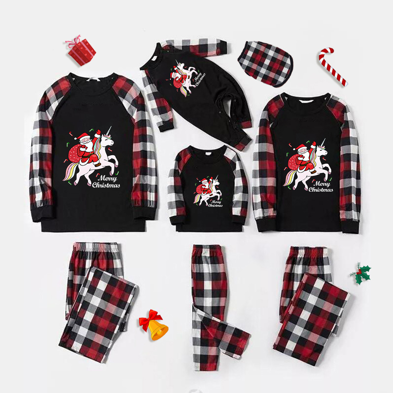 Christmas Matching Family Pajamas Exclusive Design Santa Unicorn Riding Black Red Plaids Pajamas Set