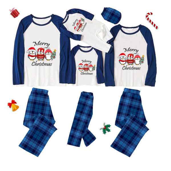 Christmas Matching Family Pajamas Exclusive Design Three Penguins Merry Christmas Blue Plaids Pajamas Set