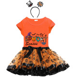 Halloween Toddler Girl 3PCS Cosplay It's Spooky Season Word Art T-shirt Tutu Dresses Sets with Headband Dress Up