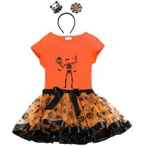 Halloween Toddler Girl 3PCS Cosplay Skeleton Pumpkin T-shirt Tutu Dresses Sets with Headband Dress Up