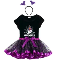 Halloween Toddler Girl 3PCS Cosplay Let's Go Ghouls Ghost T-shirt Tutu Dresses Sets with Headband Dress Up