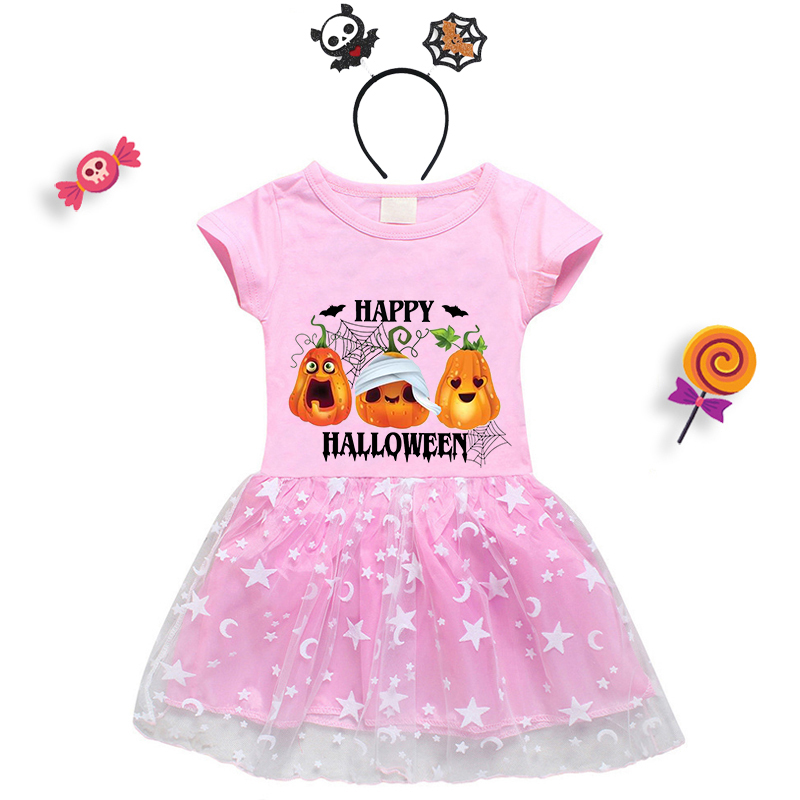 Halloween Toddler Girl 2PCS Cosplay Mummy Pumpkin Short Sleeve Tutu Dresses with Headband Dress Up