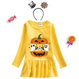Halloween Toddler Girl 2PCS Cosplay Boo Pumpkin Two Ghosts Long Sleeve Tutu Dresses with Headband Dress Up