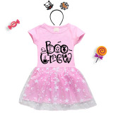 Halloween Toddler Girl 2PCS Cosplay Boo Crew Spider Web Short Sleeve Tutu Dresses with Headband Dress Up