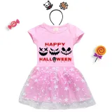 Halloween Toddler Girl 2PCS Cosplay Ghost Faces Short Sleeve Tutu Dresses with Headband Dress Up