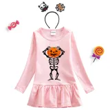 Halloween Toddler Girl 2PCS Cosplay Skeleton Happy Face Pumpkin Long Sleeve Tutu Dresses with Headband Dress Up