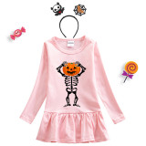 Halloween Toddler Girl 2PCS Cosplay Skeleton Happy Face Pumpkin Long Sleeve Tutu Dresses with Headband Dress Up