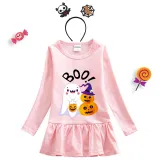 Halloween Toddler Girl 2PCS Cosplay Boo Ghost And Pumpkin Long Sleeve Tutu Dresses with Headband Dress Up