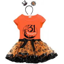 Halloween Toddler Girl 3PCS Cosplay October 31 Tree T-shirt Tutu Dresses Sets with Headband Dress Up