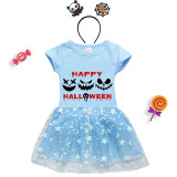 Halloween Toddler Girl 2PCS Cosplay Ghost Faces Short Sleeve Tutu Dresses with Headband Dress Up