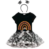Halloween Toddler Girl 3PCS Cosplay Semi-circle Skull T-shirt Tutu Dresses Sets with Headband Dress Up