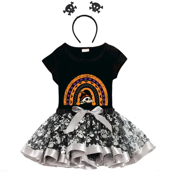 Halloween Toddler Girl 3PCS Cosplay Semi-circle Skull T-shirt Tutu Dresses Sets with Headband Dress Up