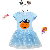 Halloween Toddler Girl 2PCS Cosplay Witch Hat Pumpkin Ghosts Short Sleeve Tutu Dresses with Headband Dress Up