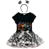 Halloween Toddler Girl 3PCS Cosplay It's Spooky Season Word Art T-shirt Tutu Dresses Sets with Headband Dress Up