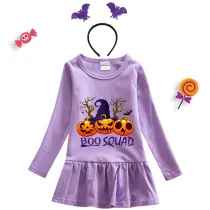 Halloween Toddler Girl 2PCS Cosplay Boo Squad Witch Hat Pumpkins Long Sleeve Tutu Dresses with Headband Dress Up