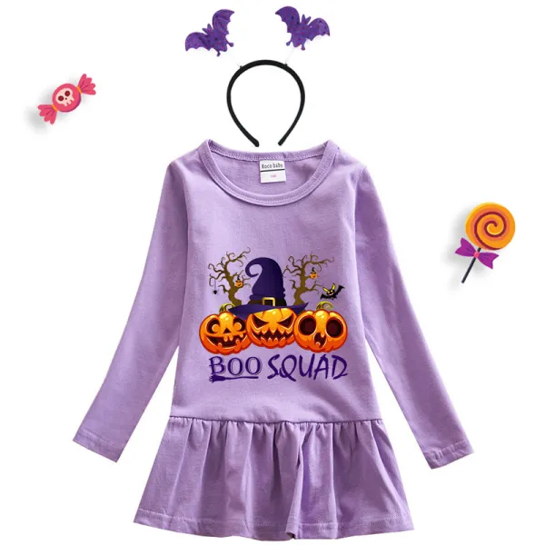 Halloween Toddler Girl 2PCS Cosplay Boo Squad Witch Hat Pumpkins Long Sleeve Tutu Dresses with Headband Dress Up