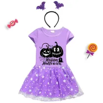 Halloween Toddler Girl 2PCS Cosplay Pumpkins Spider Web Short Sleeve Tutu Dresses with Headband Dress Up