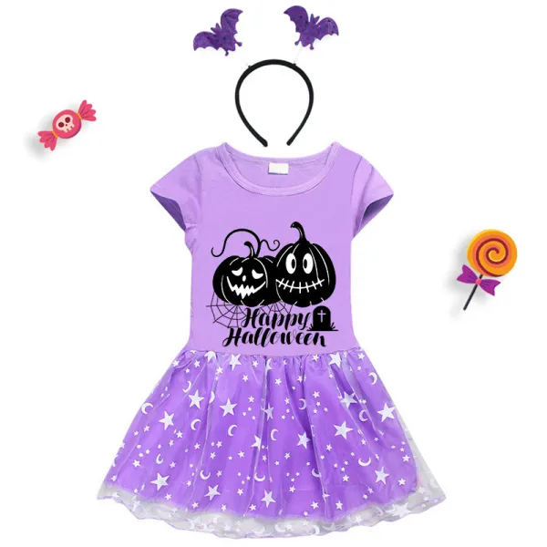 Halloween Toddler Girl 2PCS Cosplay Pumpkins Spider Web Short Sleeve Tutu Dresses with Headband Dress Up