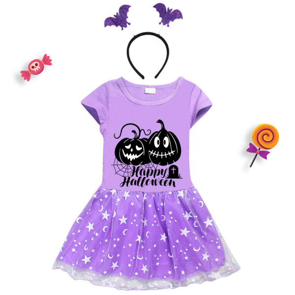 Halloween Toddler Girl 2PCS Cosplay Pumpkins Spider Web Short Sleeve Tutu Dresses with Headband Dress Up