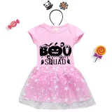 Halloween Toddler Girl 2PCS Cosplay Boo Squad Pumpkins Short Sleeve Tutu Dresses with Headband Dress Up
