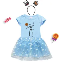 Halloween Toddler Girl 2PCS Cosplay Skeleton Pumpkin Short Sleeve Tutu Dresses with Headband Dress Up