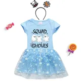 Halloween Toddler Girl 2PCS Cosplay Squad Ghouls T-shirt Short Sleeve Tutu Dresses with Headband Dress Up