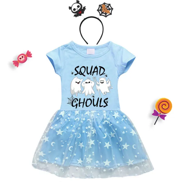Halloween Toddler Girl 2PCS Cosplay Squad Ghouls T-shirt Short Sleeve Tutu Dresses with Headband Dress Up