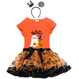 Halloween Toddler Girl 3PCS Cosplay Boo Ghost And Pumpkin T-shirt Tutu Dresses Sets with Headband Dress Up