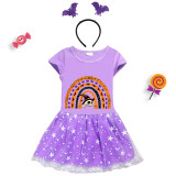 Halloween Toddler Girl 2PCS Cosplay Semi-circle Skull Short Sleeve Tutu Dresses with Headband Dress Up